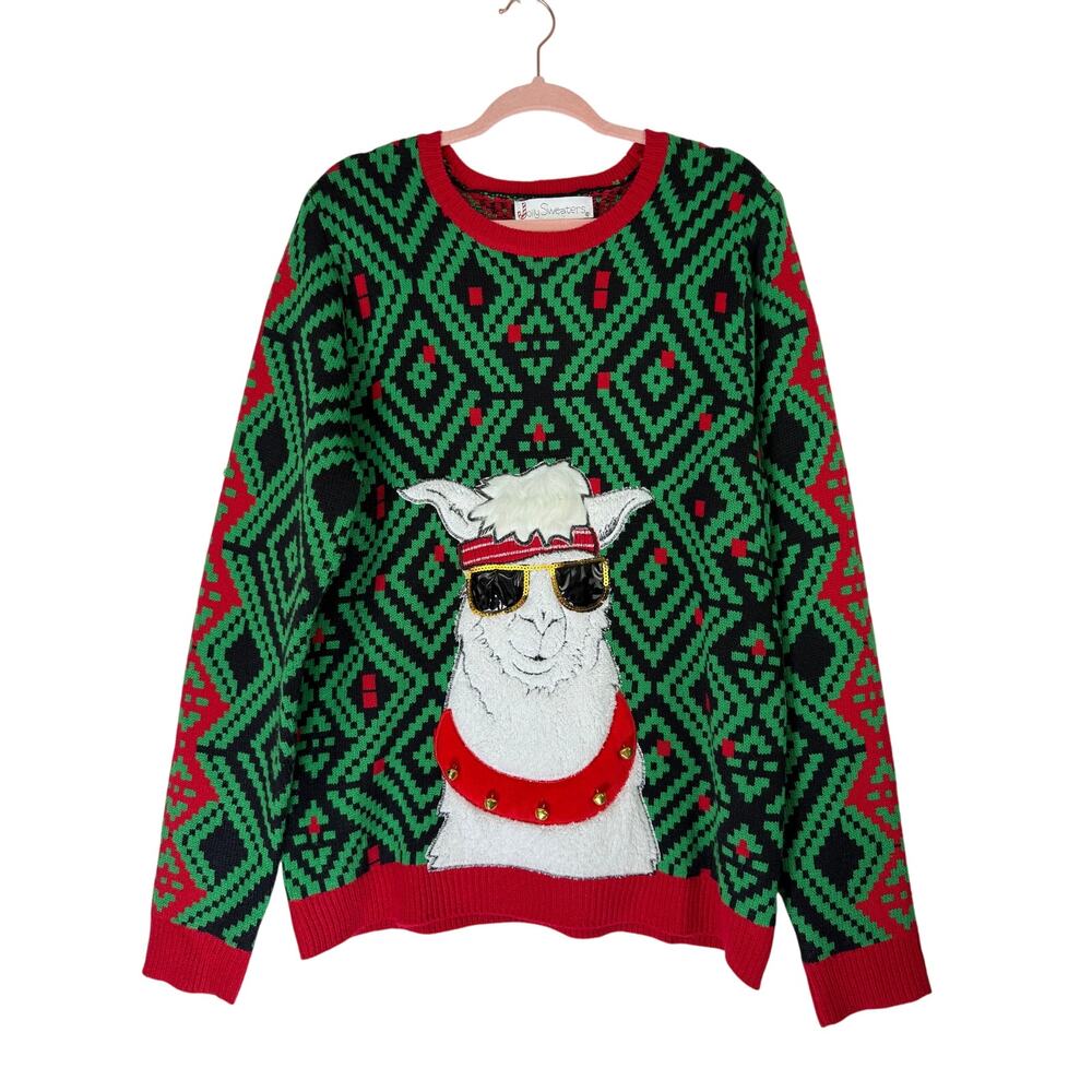 Jolly Sweaters Green & Red Llama Jingle Bells Holiday Winter Sweater‎ Size L